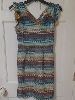 Tabitha Blue, Teal and Brown Striped Ruffle Sleeve Midi Dress